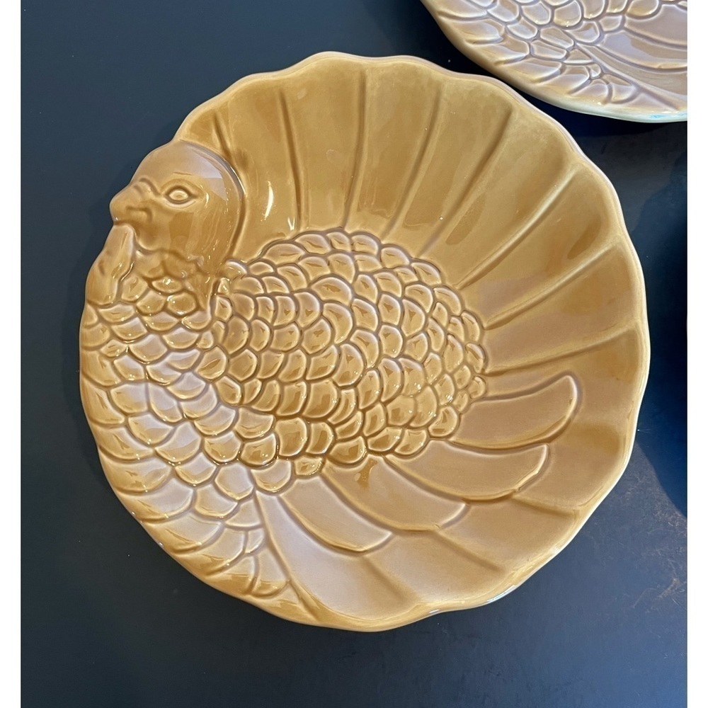 Pottery Barn Gold colored Embossed Turkey Plates Set of 3 - Picture 5 of 8